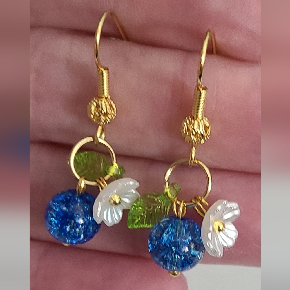 Blueberry Glass 18k Gold PL Filigree Earrings Flower Artisan Crafted NEW fruit